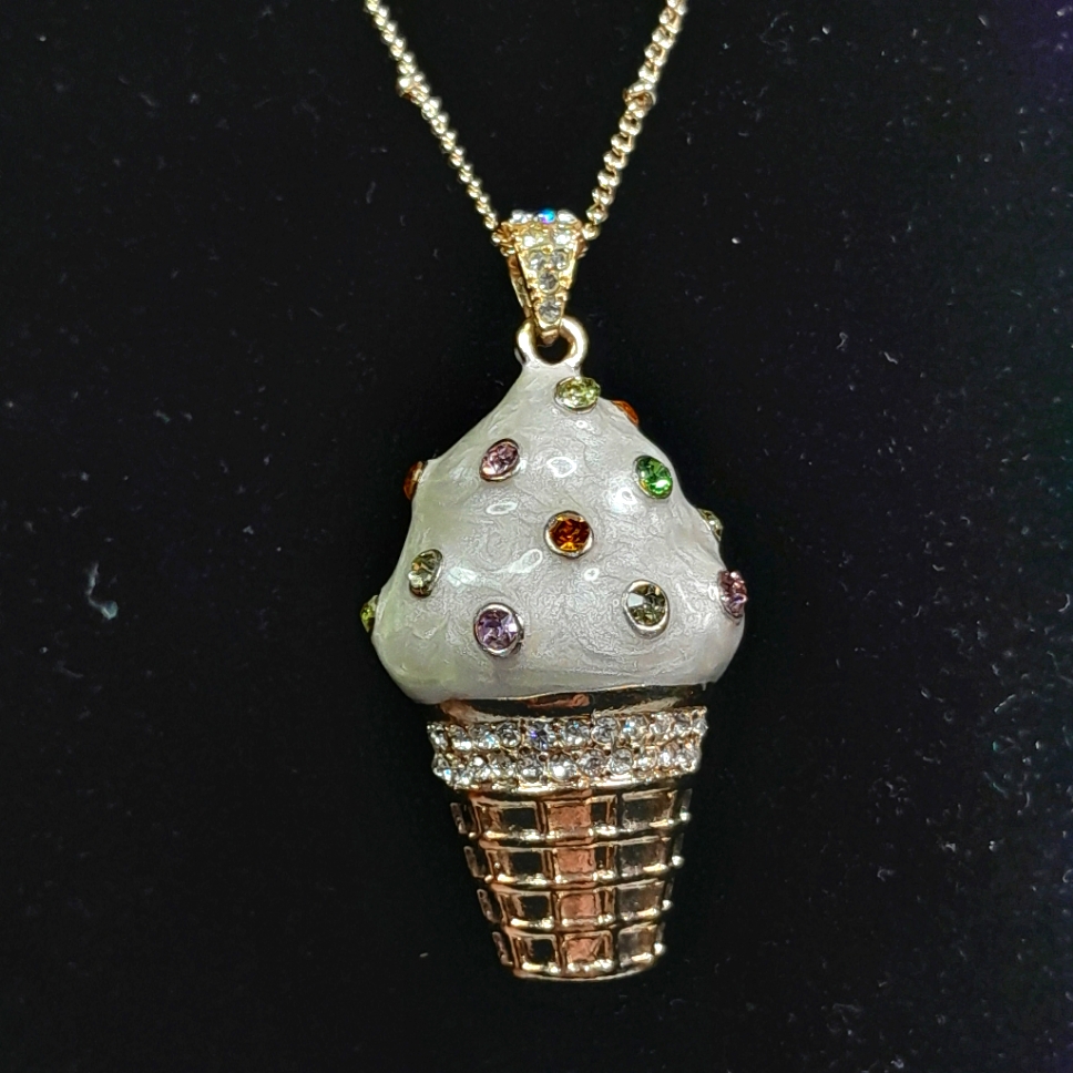 Real Collectibles By Adrienne Jeweled Ice Cream Cone Crystal & Enamel Pendant